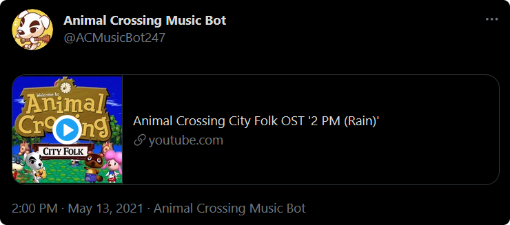 A picture of animal crossing bot tweeting on the hour via twitter